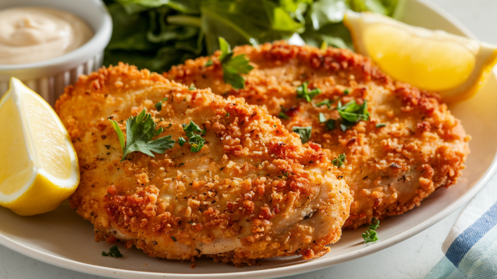 Delicious chicken cutlet recipe on a plate with lemon wedges and herbs