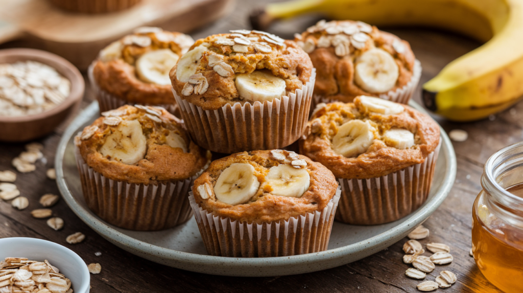 Healthy banana muffins on a plate, ready to eat