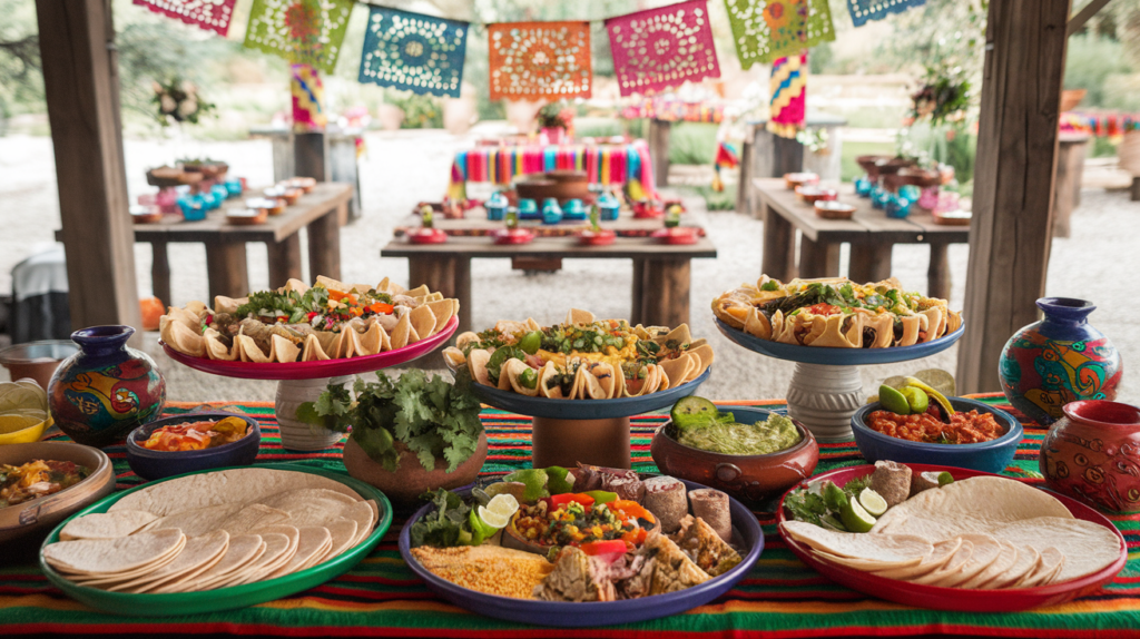 A festive Mexican catering setup at a wedding with colorful dishes and decorations